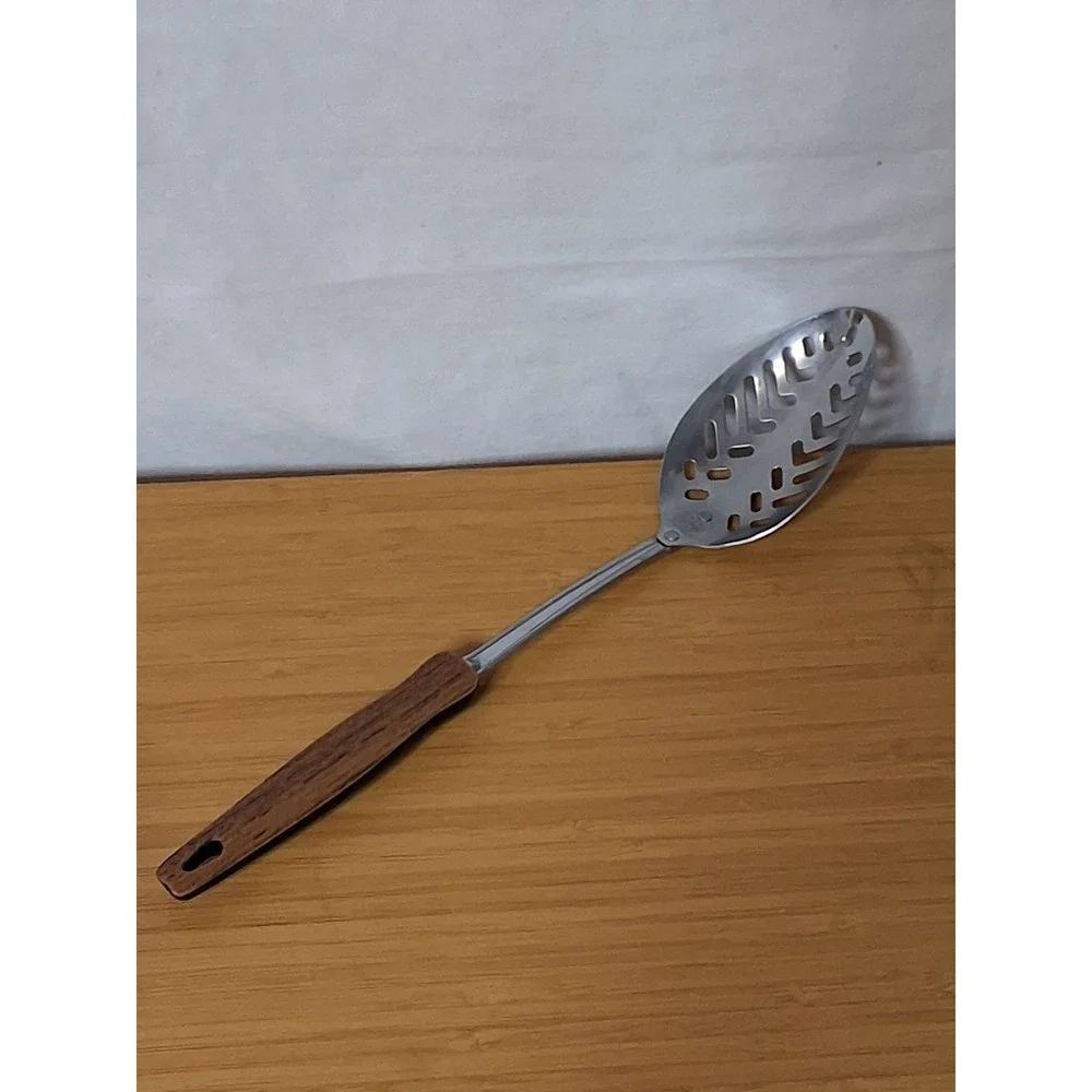Vintage EKCO USA Stainless Steel Serving Spoon Utensil With Faux Wooden Handle